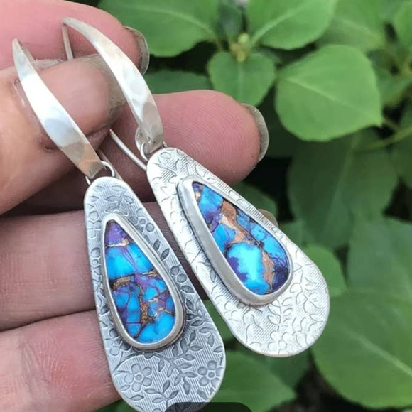 Boho Dangle Drop Earrings Metal Carved Pattern 925 Silver Plated - Picture 3 of 9